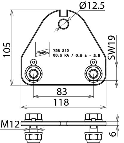 Phasenanschlussplatte 2-polig m. B 13mm u. 2 Schrauben M12 m. Muttern – Bild 2 von 2