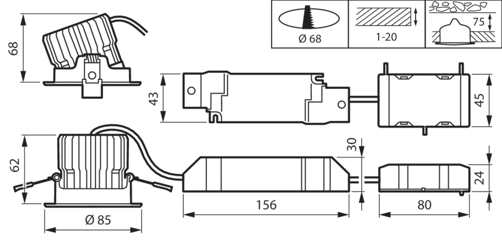 CoreLine Einbaustrahler Gen2, Adjustable, 12 W, D68 mm, 1300 lm, 3000 K, Kabellos, Interact Ready, Breitstrahlend (WB), Weiß, IP20/44 – Bild 9 von 9
