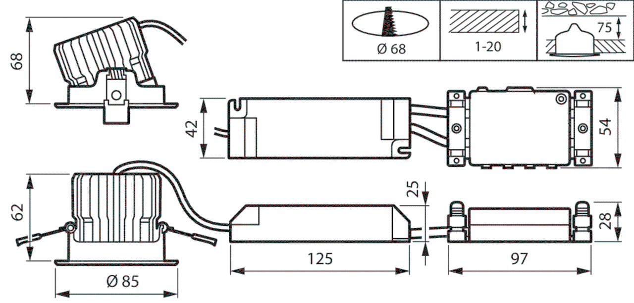 CoreLine Einbaustrahler Gen2, Adjustable, 12.3 W, D68 mm, 1300 lm, 3000 K, DALI-regelbar, Breitstrahlend (WB), Weiß, IP20/44 – Bild 9 von 9