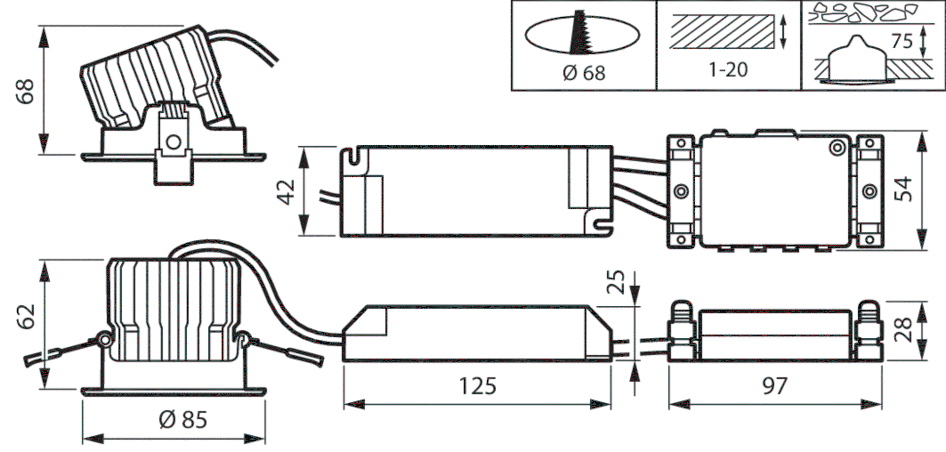 CoreLine Einbaustrahler Gen2, Adjustable, 12.3 W, D68 mm, 1300 lm, 3000 K, DALI-regelbar, Breitstrahlend (WB), Weiß, IP20/44 – Bild 9 von 9