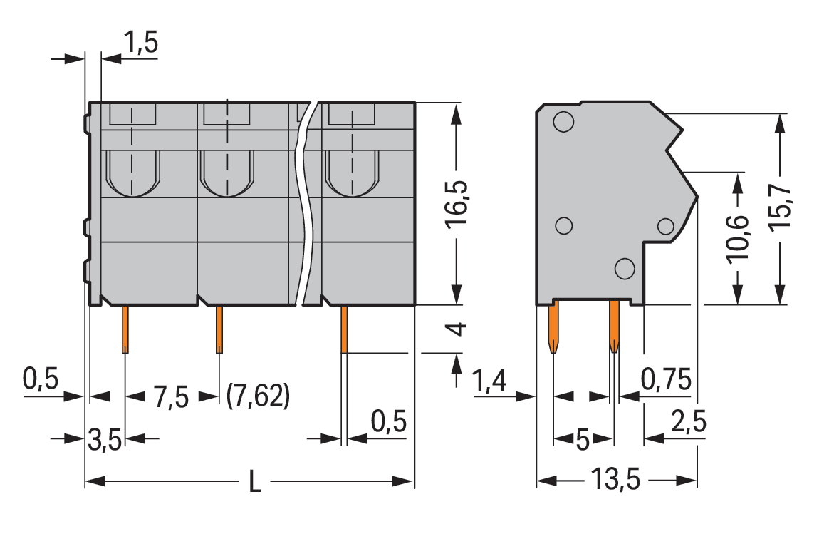 2-Leiter-Leiterplattenklemme 0,75 mm² Rastermaß 7,5/7,62 mm grau – Bild 2 von 3