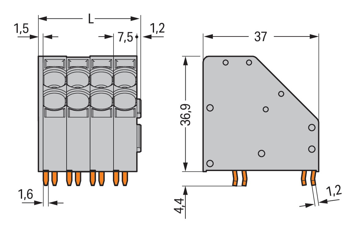 2-Leiter-Leiterplattenklemme 10 mm² Rastermaß 7,5 mm grau – Bild 3 von 5