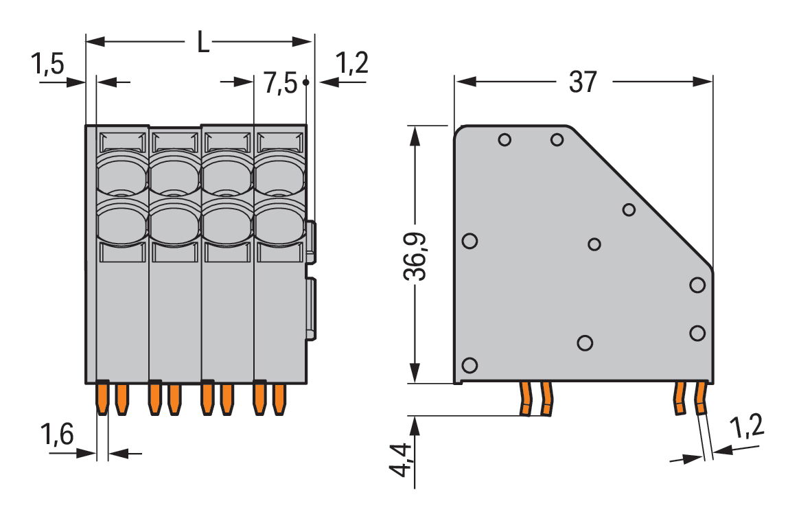 2-Leiter-Leiterplattenklemme 10 mm² Rastermaß 7,5 mm grau – Bild 3 von 5