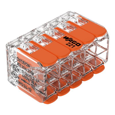 Verbindungsklemme mit Hebeln für alle Leiterarten max. 4 mm² transparent