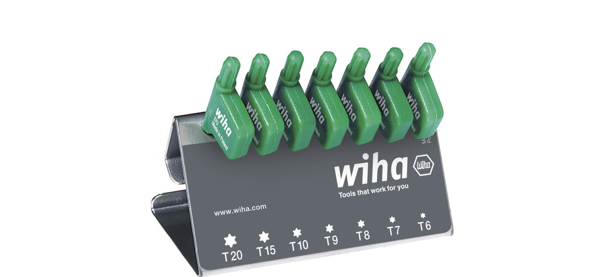 Wiha L-key with flag handle set TORX in the work bench stand, 7-pcs., black oxidised (25625)