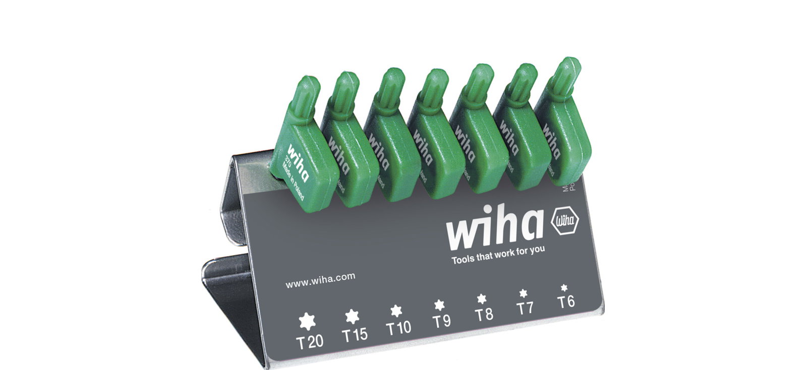 Wiha L-key with flag handle set TORX in the work bench stand, 7-pcs., black oxidised (25625)