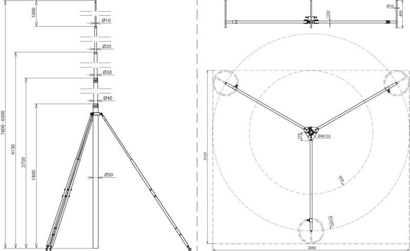 -SET- Tel. Fangstange mit Abstrebung L6,5m Al u. Dreibeinst. R1435mm St/tZn – Bild 2 von 2