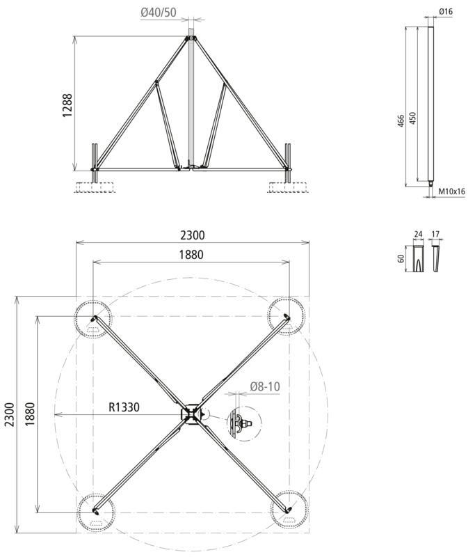 Vierbeinstativ klappbar mit Halbschale fuer Rohre D40/50mm Radius 1330mm NW 10o NIRO – Bild 2 von 2