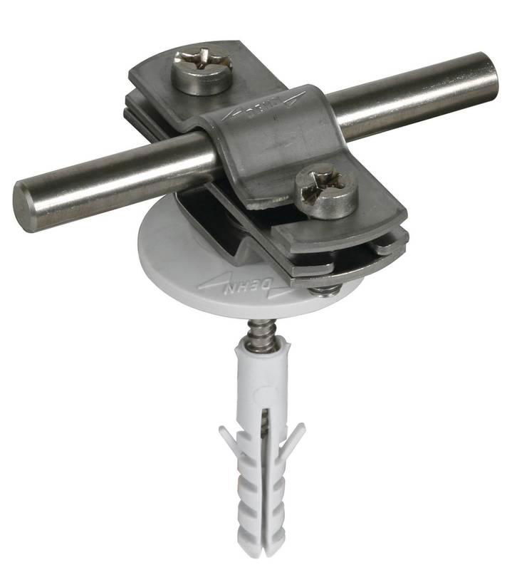 Leitungshalter m. Ueberleger NIRO f. Rd 7-10/Fl 30mm m. Holzschr. u. Duebel