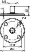 Befestigungsplatte D 40mm Kunststoff m. Gewindebolzen M8 m. 4 Bef.-Bohrungen