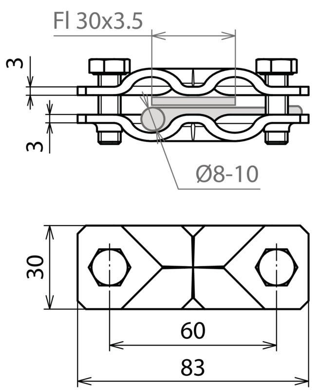 SVP-Klemme Niro(V4A) f.Rd 8-10/8-10mm - Rd 8-10/Fl 30mm -Fl 30/30mm o.Zwischenpl – Bild 2 von 2