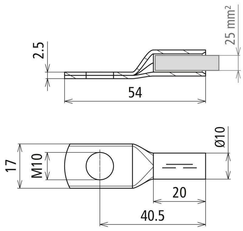 Presskabelschuh DIN 46235 25mm*2 M10 Cu/gal Sn mit Nickelsperrschicht – Bild 2 von 2