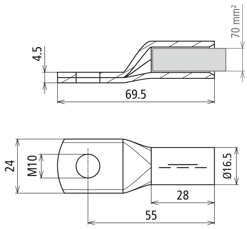Presskabelschuh DIN 46235 70mm*2 M10 Cu/gal Sn mit Nickelsperrschicht – Bild 2 von 2