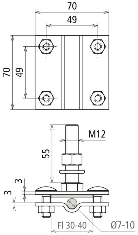 Anschlussklemme f. Erdungsfestpunkt M12 f. Rd 7-10/Fl30-40mm  NIRO (V4A) – Bild 2 von 2