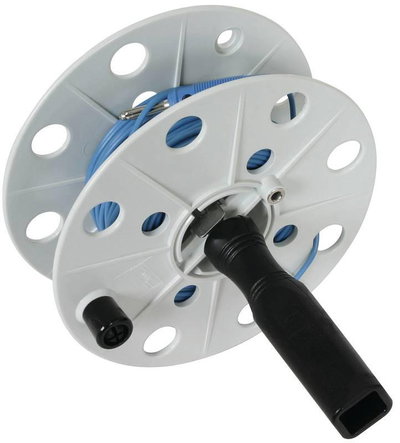 Drahthaspel K-grau B 40mm m. Buchse u. 50m Litze 0,75mm*2 blau m. Bananenstecker