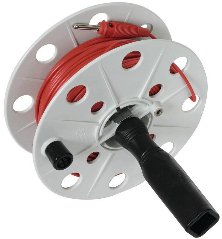 Drahthaspel K-grau B 40mm m. Buchse u. 50m Litze 0,75mm*2 rot m. Bananenstecker