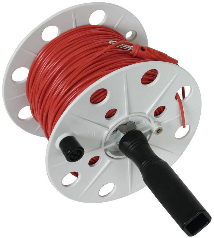 Drahthaspel K-grau B 80mm m. Buchse u. 100m Litze 0,75mm*2 rot m. Bananenstecker