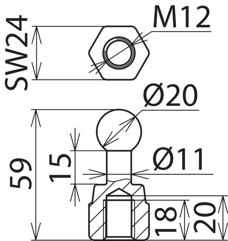 Kugelfestpunkt D 20mm gerade mit Innengewinde M12 – Bild 2 von 2