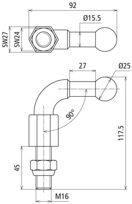 Kugelfestpunkt D 25mm  90o abgewinkelt m. Gewindebolzen u. Mutter M16x45mm – Bild 2 von 2