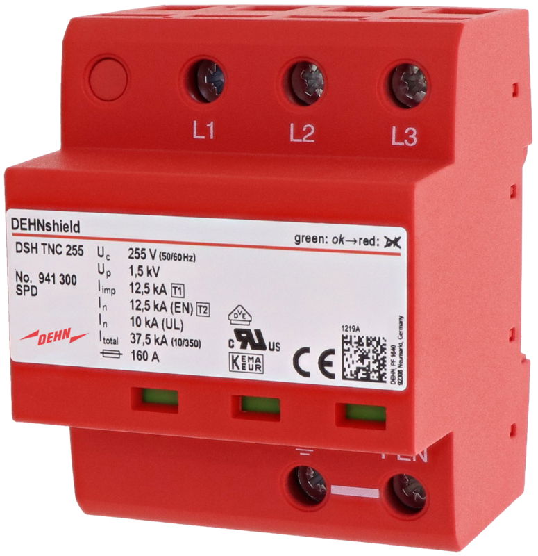 Anwendungsopt. Kombi-Ableiter DEHNshield Typ 1+2 fuer dreiphasige TN-C-Systeme