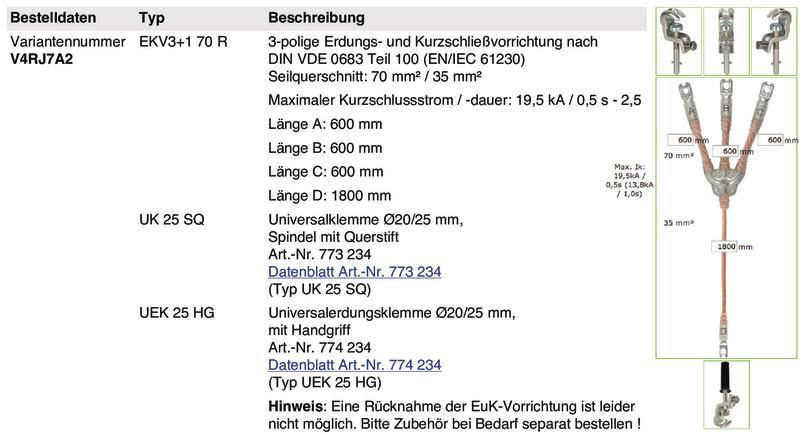 Erdungs- und Kurzschließseil 3-polig 70mm² mit aufgepressten Kabelschuhen