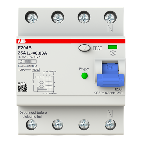 FI-Schalter Typ B 4P, 25A, 30mA, 3kA, 4TE, allstromsensitiv, kurzzeitverzögert