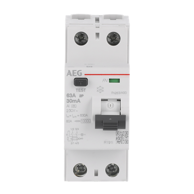 Fehlerstrom-Schutzschalter 2P Typ AI 63 A, 30 mA, 2 TE   