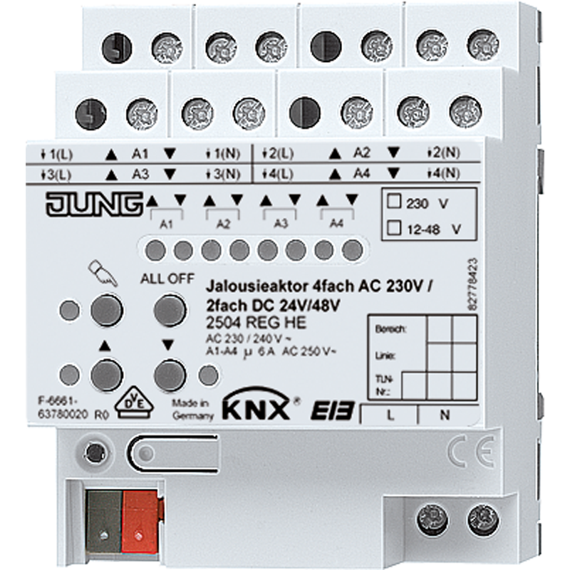KNX Jalousieaktor 4fach AC 110-230 V, 2fach DC 12-48 V, REG, 4 TE