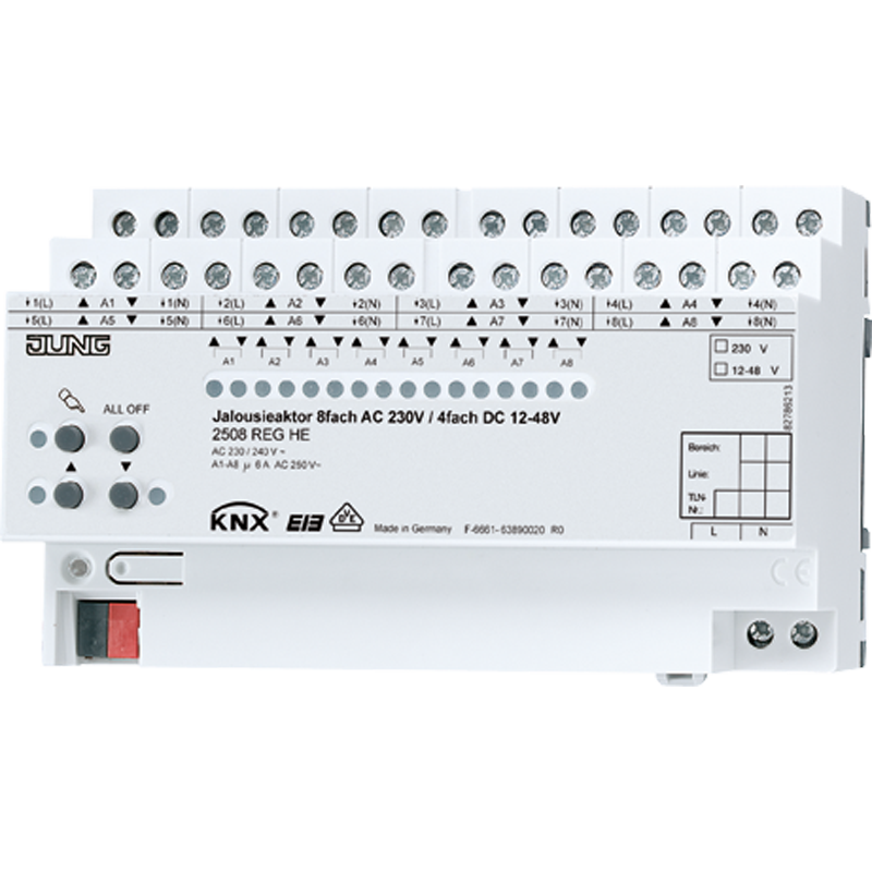 KNX Jalousieaktor 8fach AC 110-230 V, 4fach DC 12-48 V, REG, 8 TE