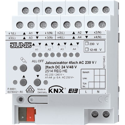 KNX Jalousieaktor 4fach AC 110-230 V, 2fach DC 12-48 V, Behangkorrektur für untere Endlage