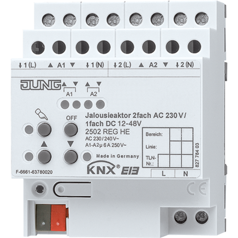 KNX Jalousieaktor 2fach AC 110-230 V, 1fach DC 12-48 V, REG, 4 TE