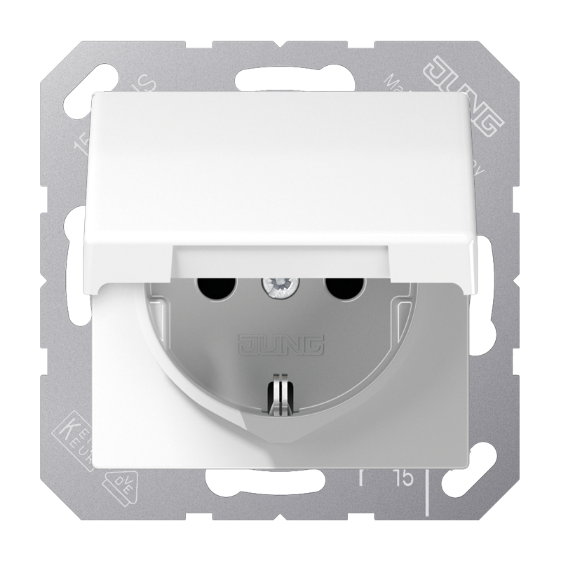 SCHUKO®-Steckdose, 16 A 250 V ~, Safety Plus, Klappdeckel, Thermoplast, Serie AS, alpinweiß