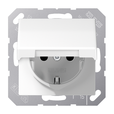 SCHUKO®-Steckdose, 16 A 250 V ~, SAFETY+, Klappdeckel, Thermoplast, Serie AS, alpinweiß