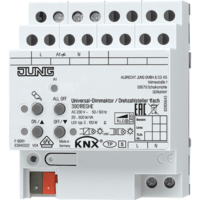 KNX LED-Universal-Dimmaktor / Drehzahlsteller, 1fach, AC 110 ... 230 V ~, 50/60 Hz, 4 TE