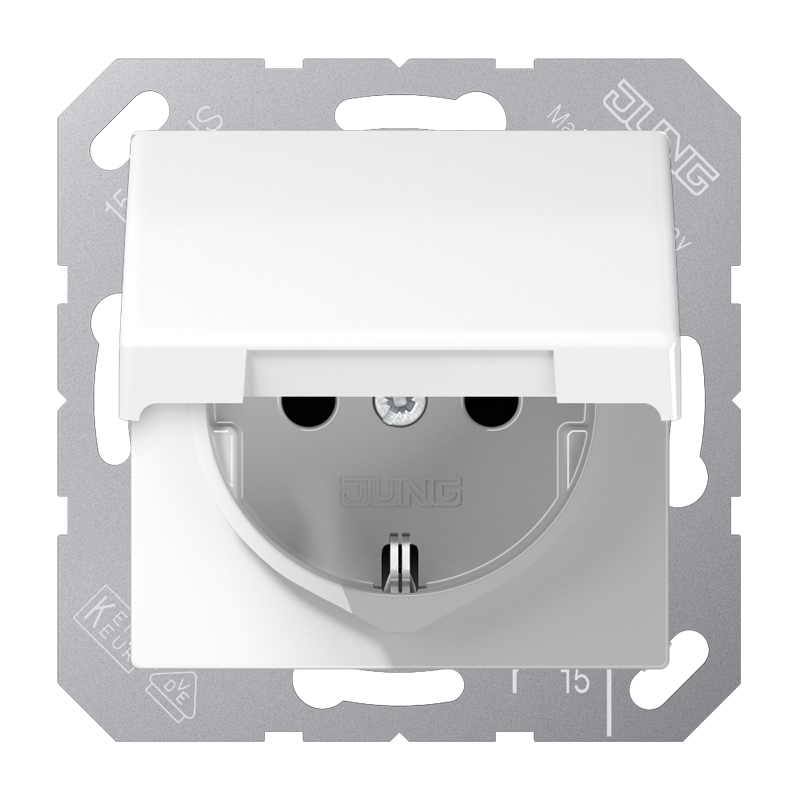 SCHUKO®-Steckdose, 16 A 250 V ~, Safety Plus, Klappdeckel, Duroplast, Serie AS, alpinweiß