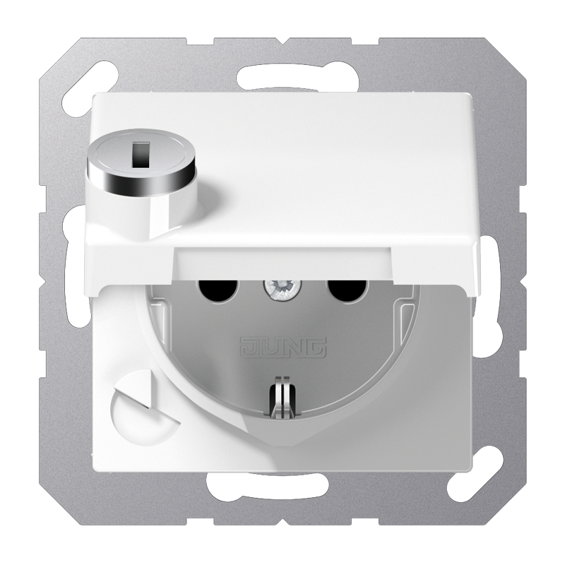 SCHUKO®-Steckdose, 16 A 250 V ~, Safety Plus, Klappdeckel, mit Sicherheitsschloss, Thermoplast, Serie AS, alpinweiß