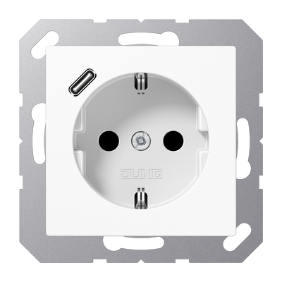 SCHUKO®-Steckdose, 16 A 250 V ~, mit USB-Ladegerät, 1 x Typ C, Safety Plus, Serie AS/A, alpinweiß