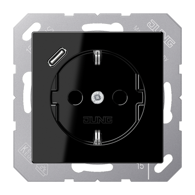 SCHUKO®-Steckdose, 16 A 250 V ~, mit USB-Ladegerät, 1 x Typ C, Safety Plus, Serie A, schwarz
