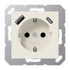 SCHUKO®-Steckdose, 16 A 250 V ~, mit USB-Ladegerät, 1 x Typ A + 1 x Typ C, Safety Plus, Serie AS, weiß (ivory)