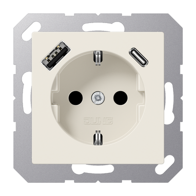 SCHUKO®-Steckdose, 16 A 250 V ~, mit USB-Ladegerät, 1 x Typ A + 1 x Typ C, Safety Plus, Serie AS, weiß (ivory)