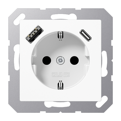 SCHUKO®-Steckdose 16 A, mit USB-Ladegerät 1 x Typ A + 1 x Typ C, SAFETY+, Serie AS/A, alpinweiß