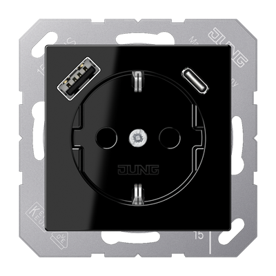 SCHUKO®-Steckdose, 16 A 250 V ~, mit USB-Ladegerät, 1 x Typ A + 1 x Typ C, Safety Plus, Serie A, schwarz