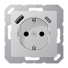 SCHUKO®-Steckdose, 16 A 250 V ~, mit USB-Ladegerät, 1 x Typ A + 1 x Typ C, Safety Plus, Serie A, aluminium