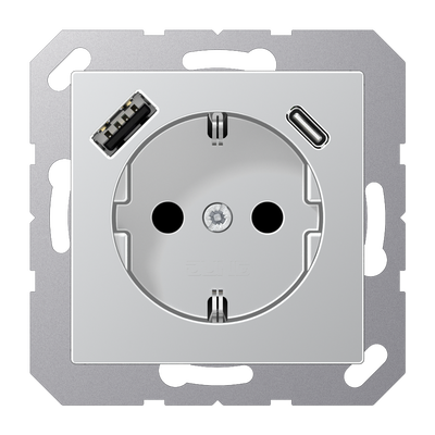 SCHUKO®-Steckdose, 16 A 250 V ~, mit USB-Ladegerät, 1 x Typ A + 1 x Typ C, Safety Plus, Serie A, aluminium
