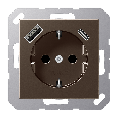 SCHUKO®-Steckdose 16 A, mit USB-Ladegerät 1 x Typ A + 1 x Typ C, SAFETY+, Serie A, mokka
