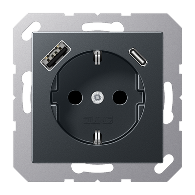 SCHUKO®-Steckdose, 16 A 250 V ~, mit USB-Ladegerät, 1 x Typ A + 1 x Typ C, Safety Plus, Serie A, anthrazit matt