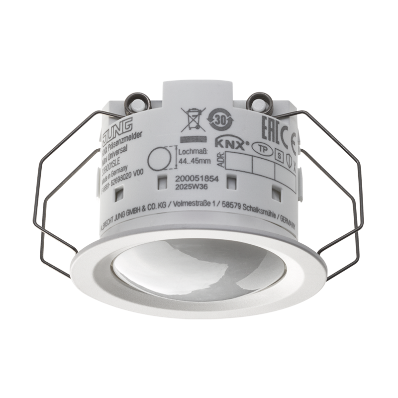 KNX Präsenzmelder Mini mit Temperatur- und Raumfeuchtemessung, Universal, Secure, IP 44, 3,00 m, helle Linse, alpinweiß