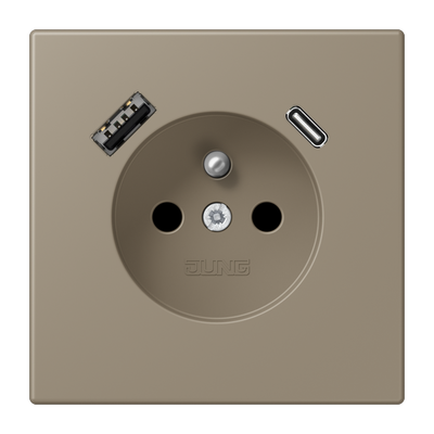 Steckdose, französisch/belgisches System, 16 A 250 V ~, mit USB-Ladegerät, 1 x Typ A + 1 x Typ C, Safety Plus, Serie LS, ombre naturelle moyenne (3214