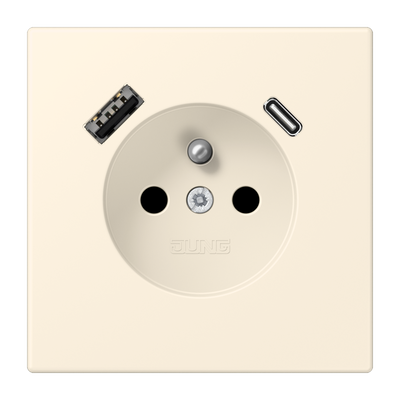 Steckdose, französisch/belgisches System, 16 A 250 V ~, mit USB-Ladegerät, 1 x Typ A + 1 x Typ C, Safety Plus, Serie LS, blanc ivoire (4320B)