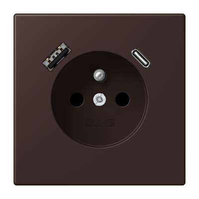 Steckdose, französisch/belgisches System, 16 A 250 V ~, mit USB-Ladegerät, 1 x Typ A + 1 x Typ C, Safety Plus, Serie LS, terre d‘ombre brûlée 59 (4320